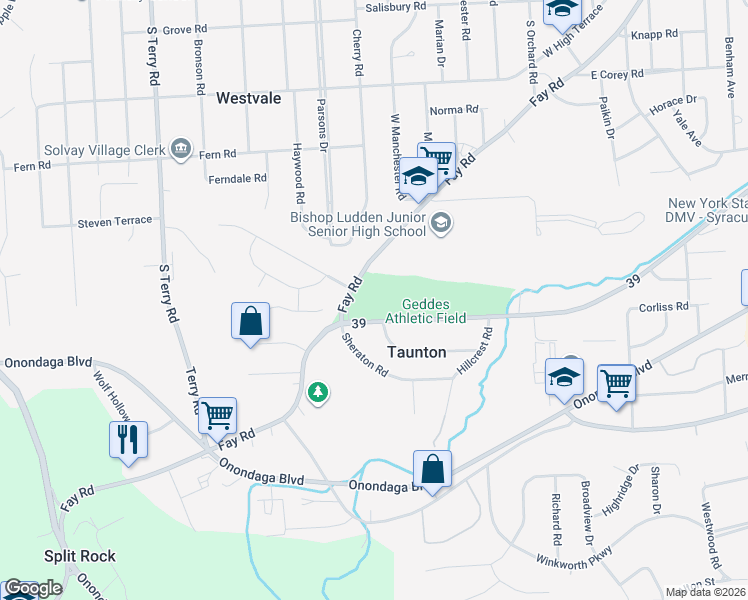 map of restaurants, bars, coffee shops, grocery stores, and more near 851 Fay Road in Syracuse