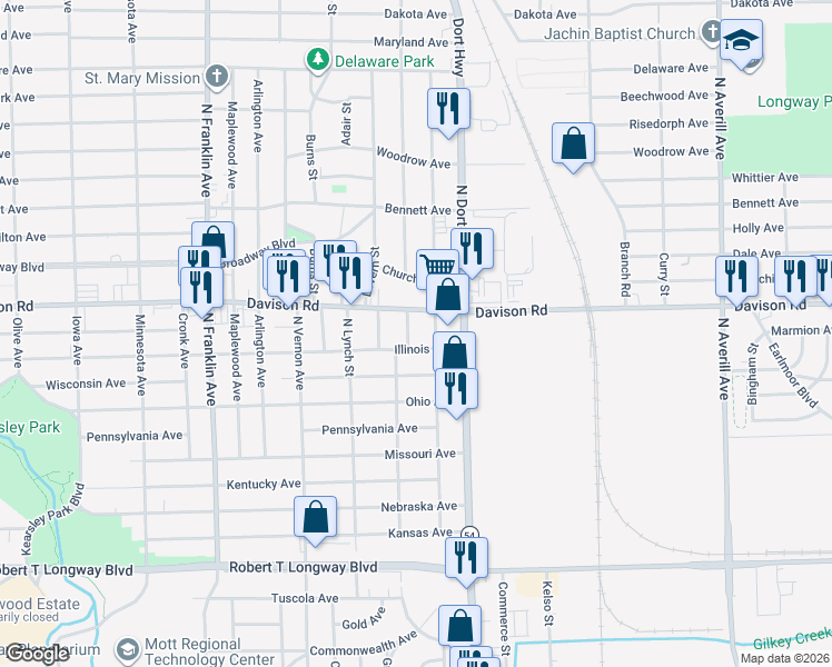 map of restaurants, bars, coffee shops, grocery stores, and more near 1701 North Meade Street in Flint