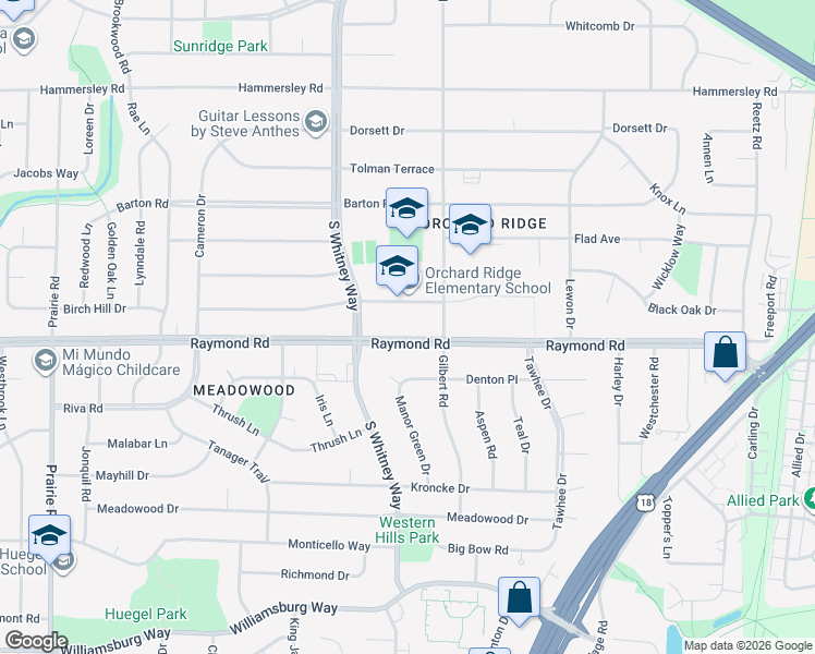 map of restaurants, bars, coffee shops, grocery stores, and more near 5514 Raymond Road in Madison