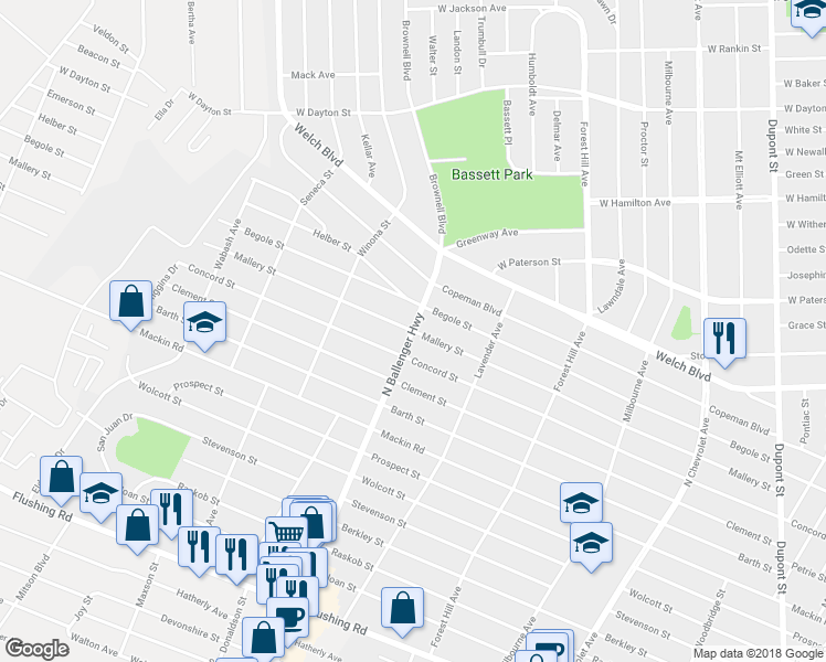 map of restaurants, bars, coffee shops, grocery stores, and more near 1798 North Ballenger Highway in Flint