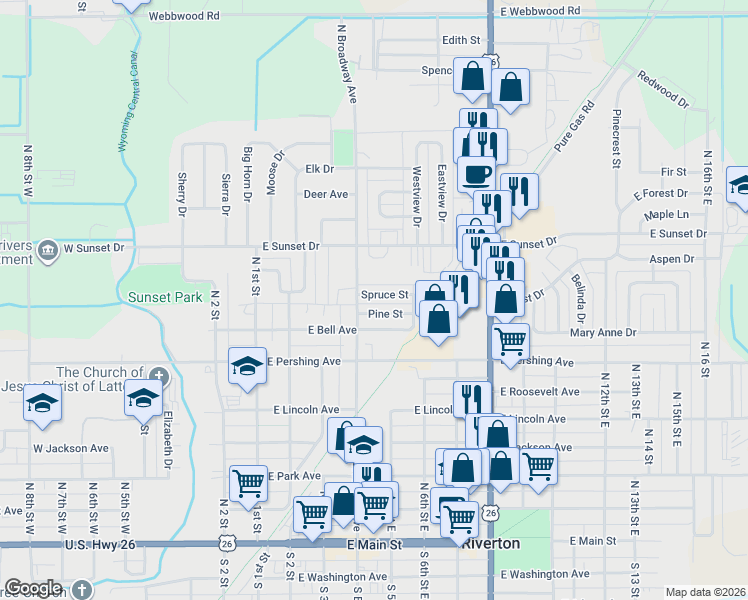 map of restaurants, bars, coffee shops, grocery stores, and more near 410 East Pine Street in Riverton