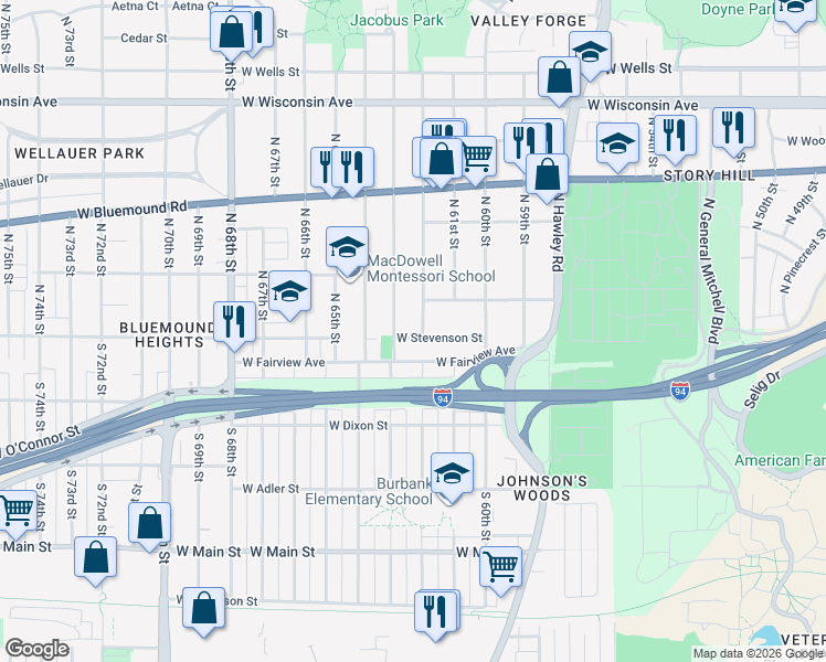 map of restaurants, bars, coffee shops, grocery stores, and more near 6141 West Stevenson Street in Milwaukee
