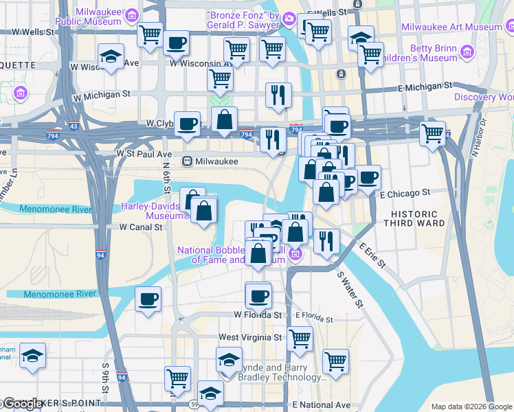 map of restaurants, bars, coffee shops, grocery stores, and more near 101 South 2nd Street in Milwaukee
