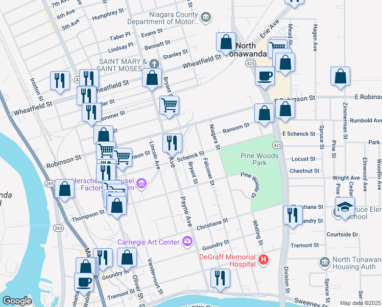 map of restaurants, bars, coffee shops, grocery stores, and more near 323 Schenck Street in North Tonawanda