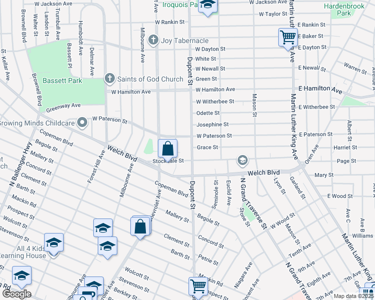 map of restaurants, bars, coffee shops, grocery stores, and more near 1709 Dupont Street in Flint