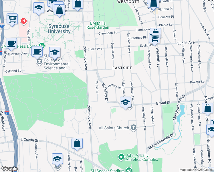 map of restaurants, bars, coffee shops, grocery stores, and more near 209 Berkeley Drive in Syracuse