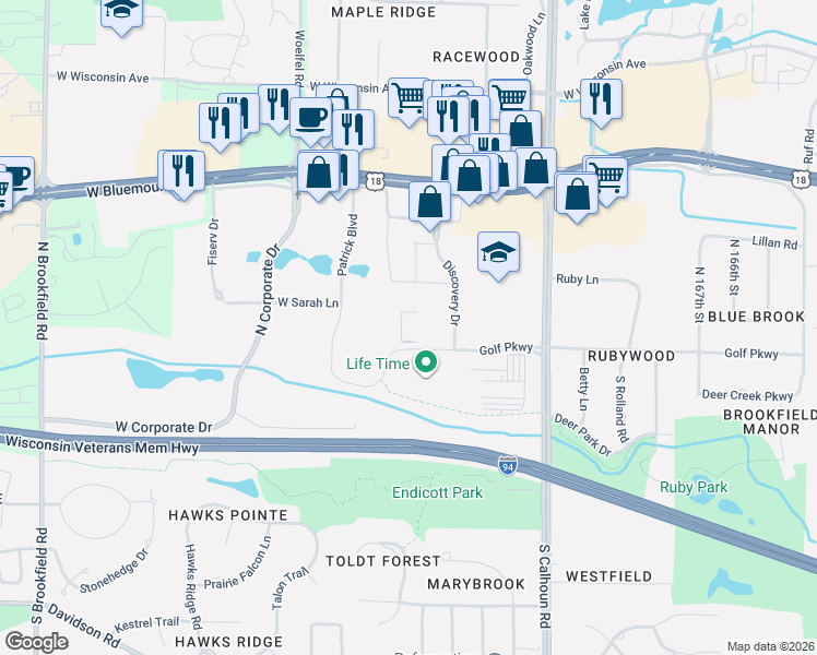 map of restaurants, bars, coffee shops, grocery stores, and more near 135 Discovery Drive in Brookfield
