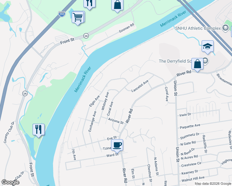 map of restaurants, bars, coffee shops, grocery stores, and more near 351 Coral Avenue in Manchester