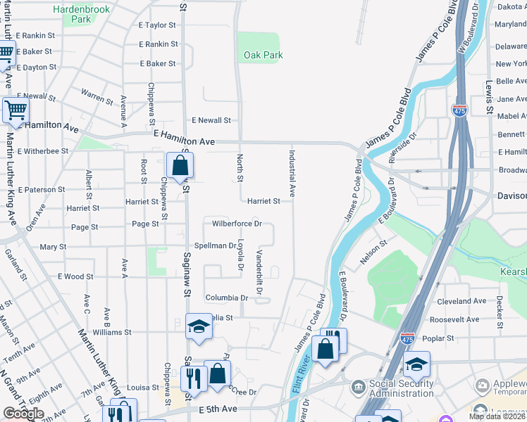 map of restaurants, bars, coffee shops, grocery stores, and more near 1705 Wilberforce Circle in Flint