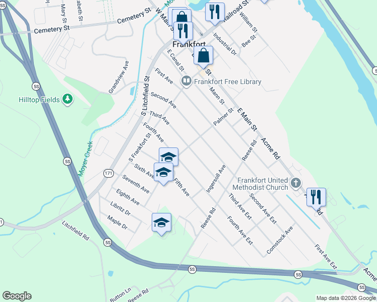 map of restaurants, bars, coffee shops, grocery stores, and more near 401 Palmer Street in Frankfort