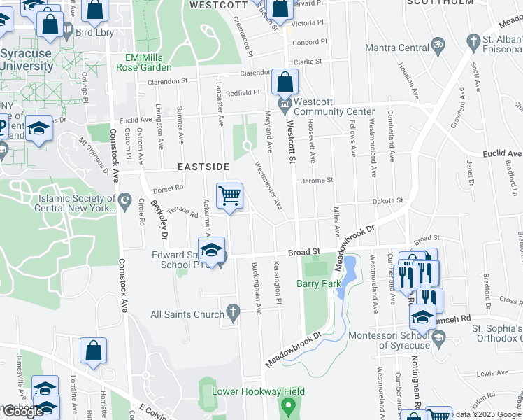 map of restaurants, bars, coffee shops, grocery stores, and more near 305 Kensington Road in Syracuse