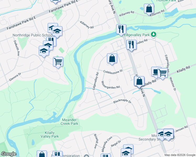 map of restaurants, bars, coffee shops, grocery stores, and more near 71 Wintergarden Road in London