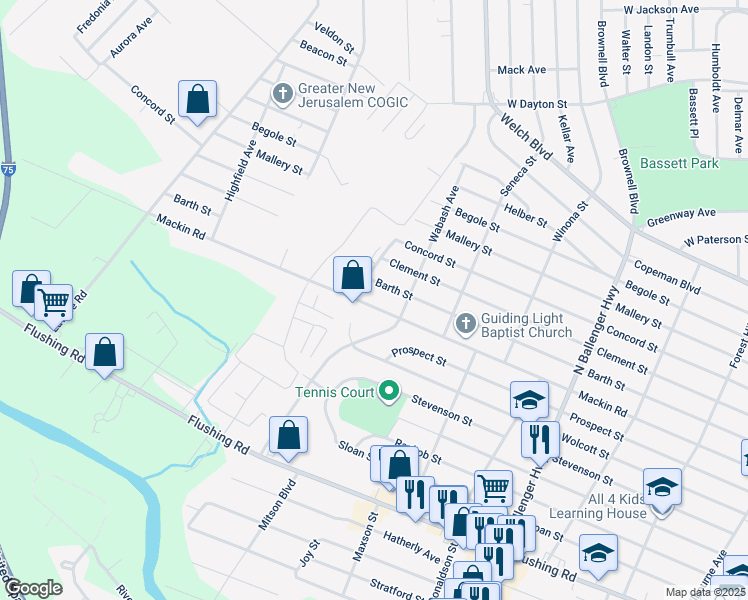map of restaurants, bars, coffee shops, grocery stores, and more near 3506 Mackin Road in Flint