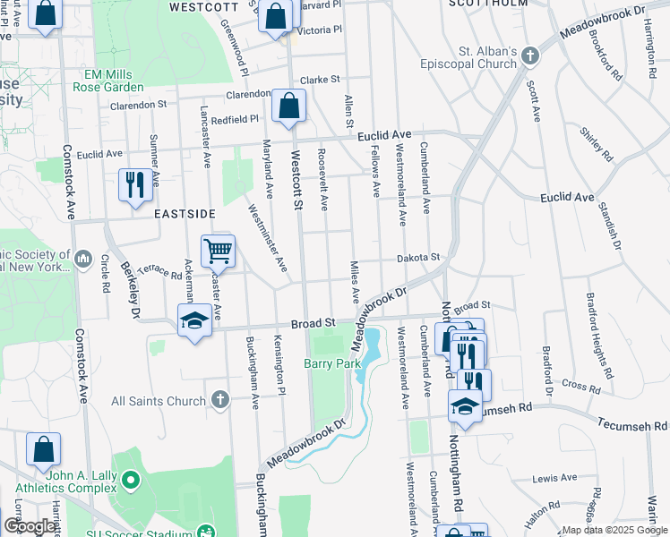 map of restaurants, bars, coffee shops, grocery stores, and more near 345-47 Roosevelt Avenue in Syracuse