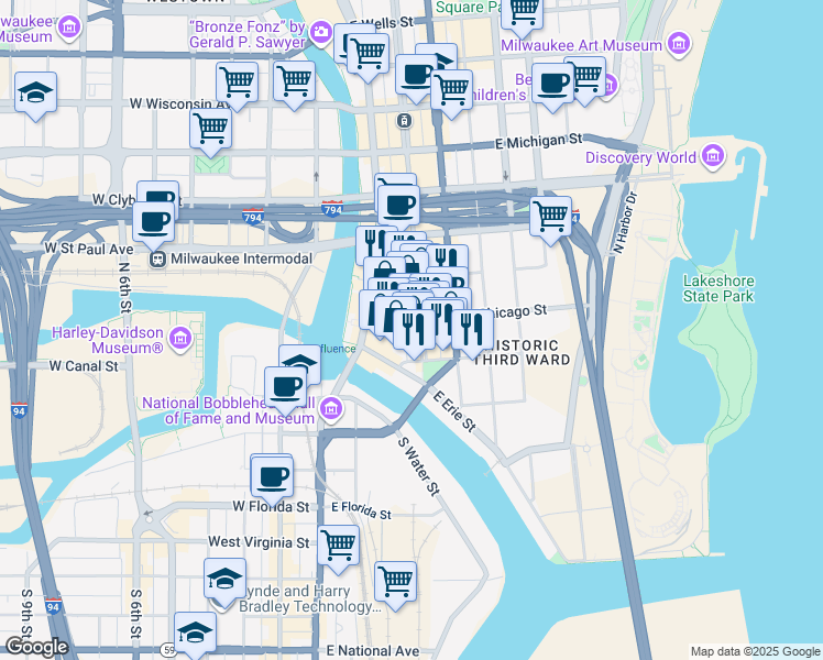 map of restaurants, bars, coffee shops, grocery stores, and more near 191 North Broadway Street in Milwaukee