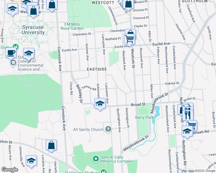 map of restaurants, bars, coffee shops, grocery stores, and more near 204 Kensington Road in Syracuse