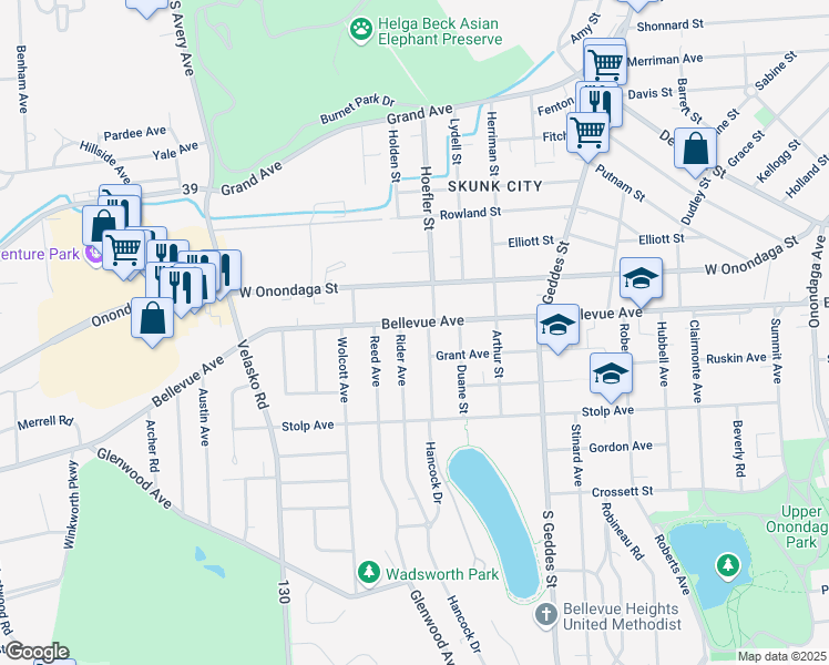 map of restaurants, bars, coffee shops, grocery stores, and more near 105 Rider Avenue in Syracuse