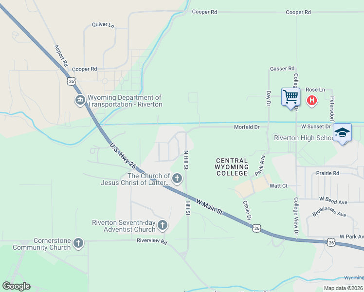 map of restaurants, bars, coffee shops, grocery stores, and more near 811 Wolf Creek Dr in Riverton