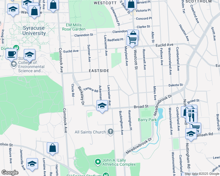 map of restaurants, bars, coffee shops, grocery stores, and more near 204 Kensington Road in Syracuse