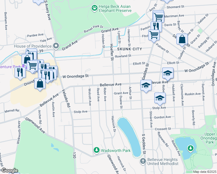 map of restaurants, bars, coffee shops, grocery stores, and more near 105 Rider Avenue in Syracuse