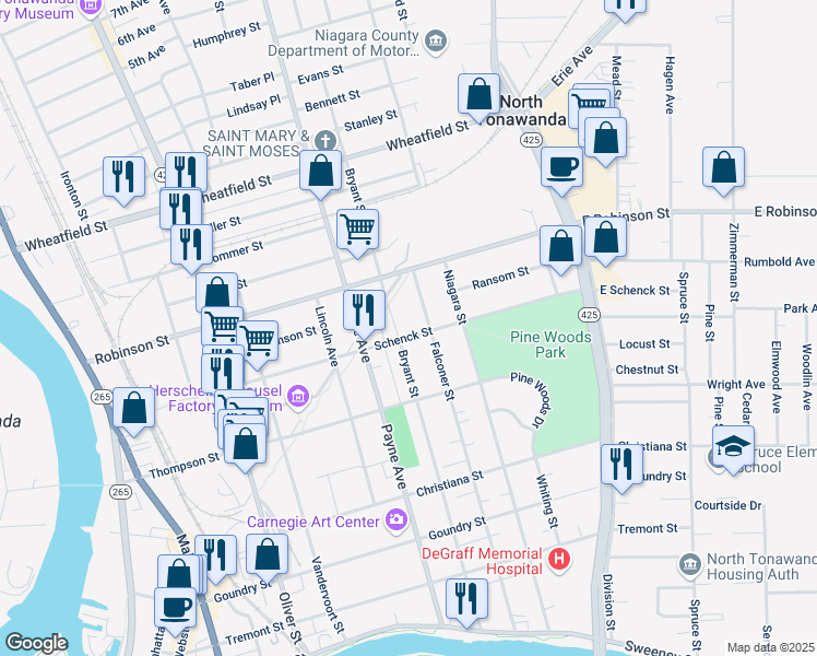 map of restaurants, bars, coffee shops, grocery stores, and more near 323 Schenck Street in North Tonawanda