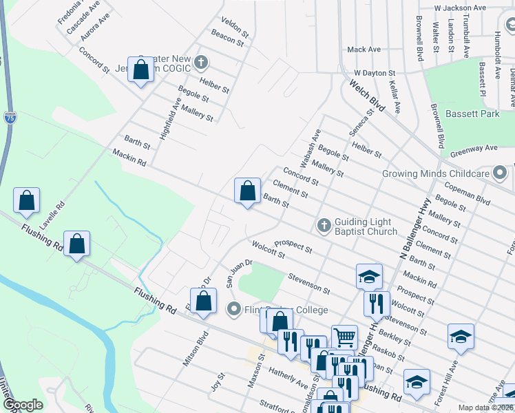 map of restaurants, bars, coffee shops, grocery stores, and more near 3501 Mackin Road in Flint