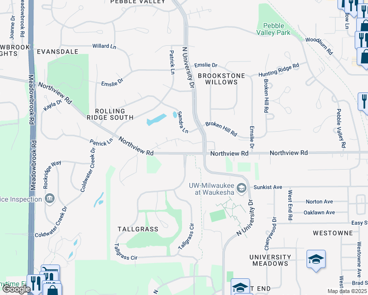 map of restaurants, bars, coffee shops, grocery stores, and more near 2712 Northview Road in Waukesha