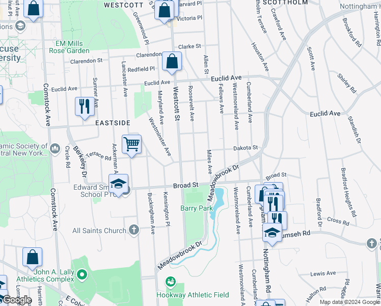 map of restaurants, bars, coffee shops, grocery stores, and more near 340 Roosevelt Avenue in Syracuse