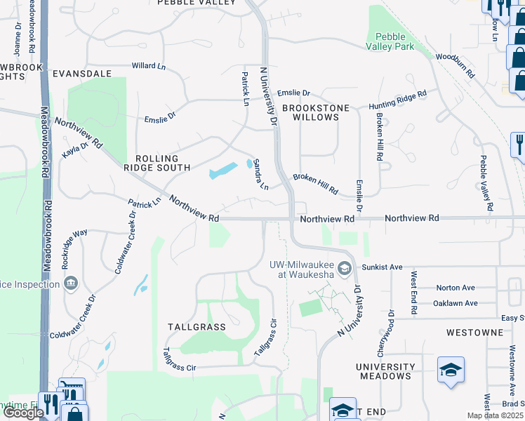map of restaurants, bars, coffee shops, grocery stores, and more near 2712 Northview Road in Waukesha