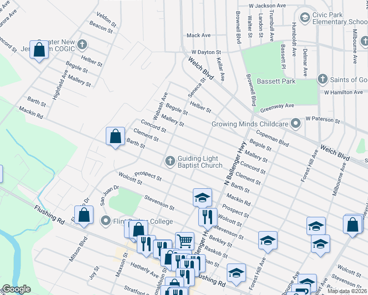map of restaurants, bars, coffee shops, grocery stores, and more near 3110 Barth Street in Flint