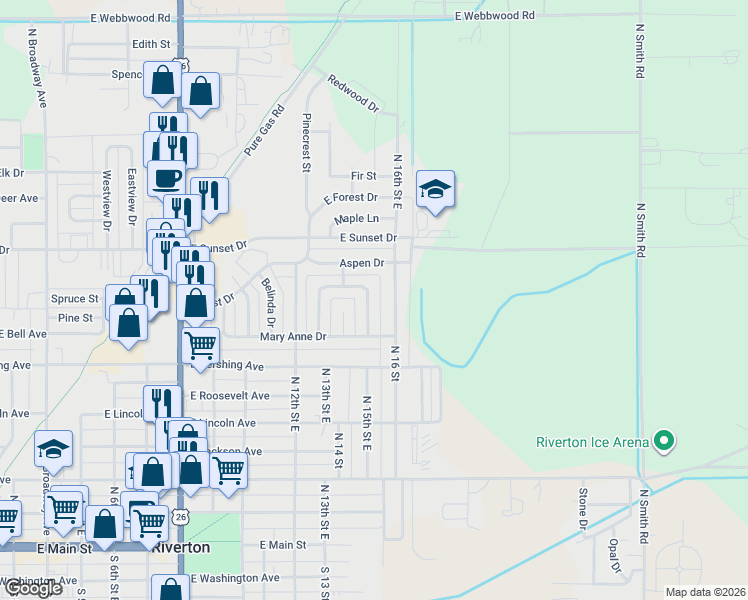 map of restaurants, bars, coffee shops, grocery stores, and more near 812 North 16th Street East in Riverton