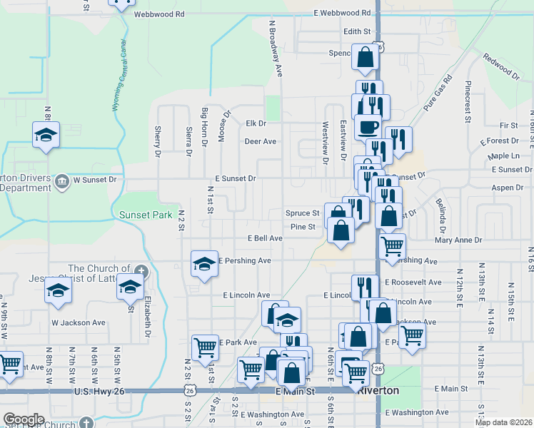 map of restaurants, bars, coffee shops, grocery stores, and more near 221 Pine Street in Riverton
