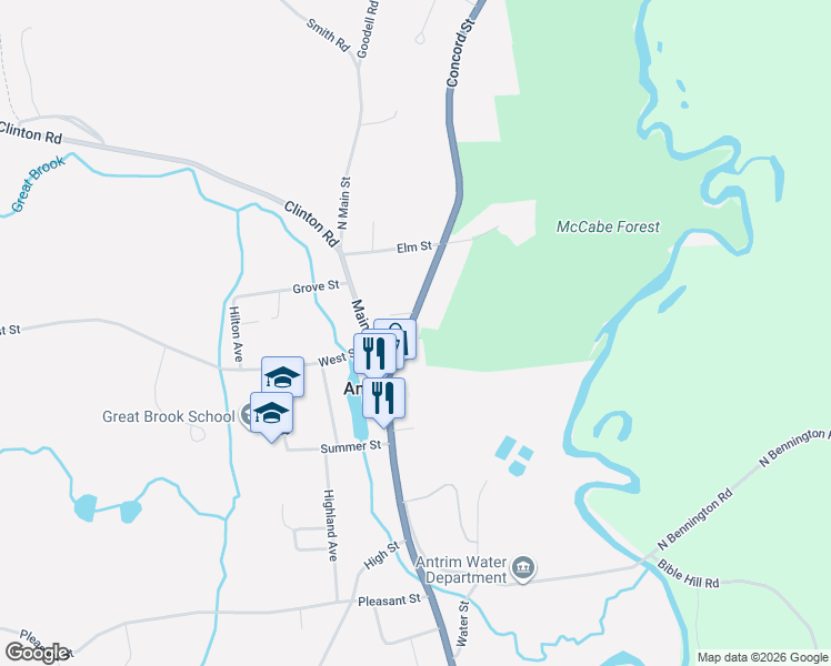 map of restaurants, bars, coffee shops, grocery stores, and more near 7 Concord Street in Antrim