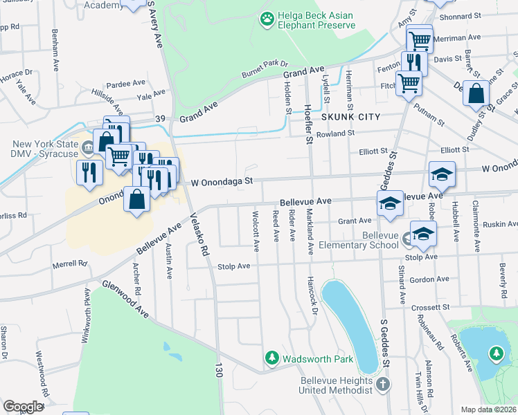 map of restaurants, bars, coffee shops, grocery stores, and more near 105 Upland Road in Syracuse