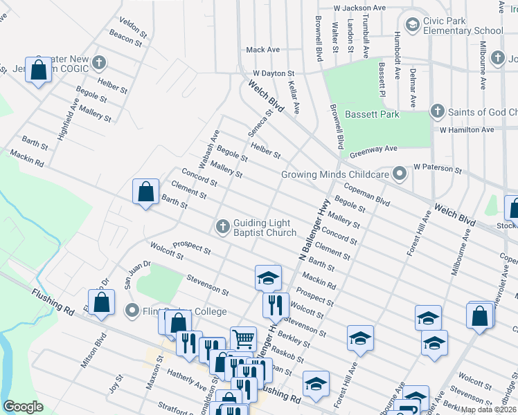 map of restaurants, bars, coffee shops, grocery stores, and more near 3014 Clement Street in Flint