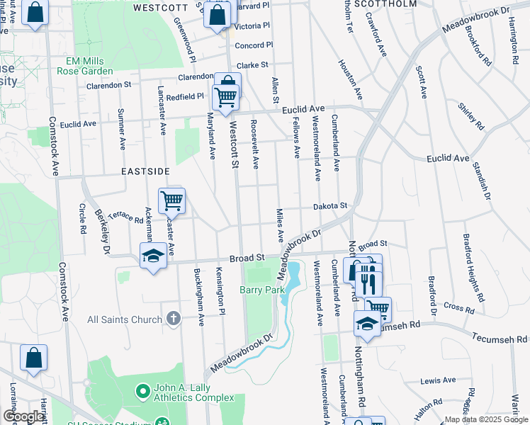 map of restaurants, bars, coffee shops, grocery stores, and more near 341 Roosevelt Avenue in Syracuse