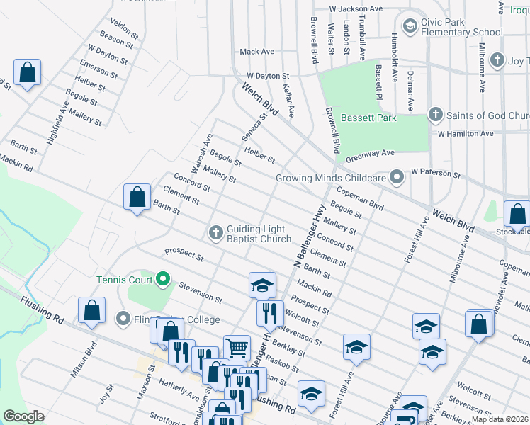 map of restaurants, bars, coffee shops, grocery stores, and more near Concord Street in Flint