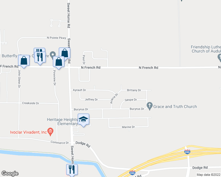 map of restaurants, bars, coffee shops, grocery stores, and more near 140 Ayrault Drive in Buffalo