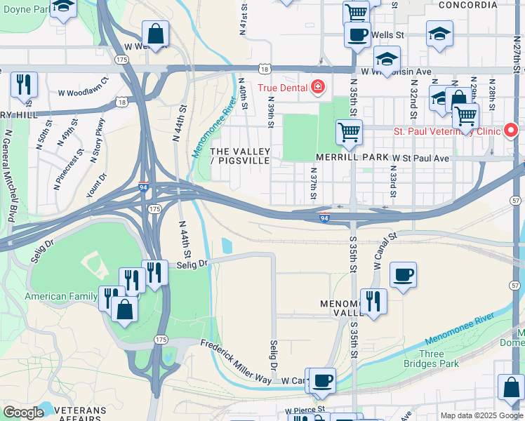 map of restaurants, bars, coffee shops, grocery stores, and more near Interstate 94 in Milwaukee