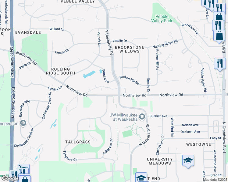 map of restaurants, bars, coffee shops, grocery stores, and more near 2704 Northview Road in Waukesha