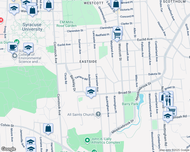 map of restaurants, bars, coffee shops, grocery stores, and more near 960 Lancaster Avenue in Syracuse
