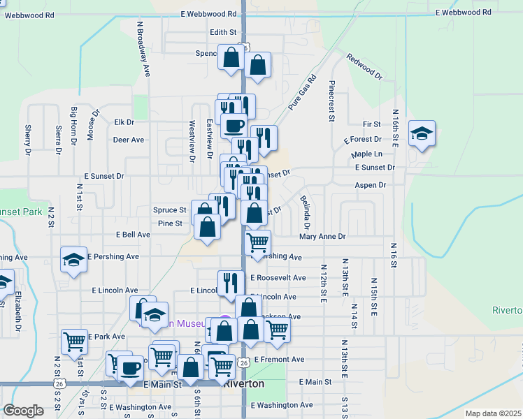 map of restaurants, bars, coffee shops, grocery stores, and more near 813 North Federal Boulevard in Riverton