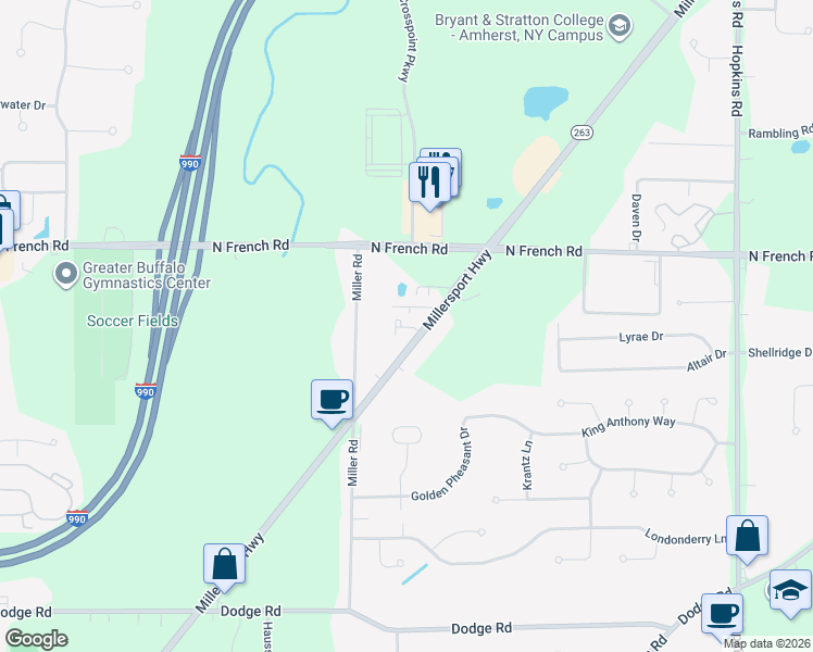 map of restaurants, bars, coffee shops, grocery stores, and more near 3238 Millersport Highway in Getzville