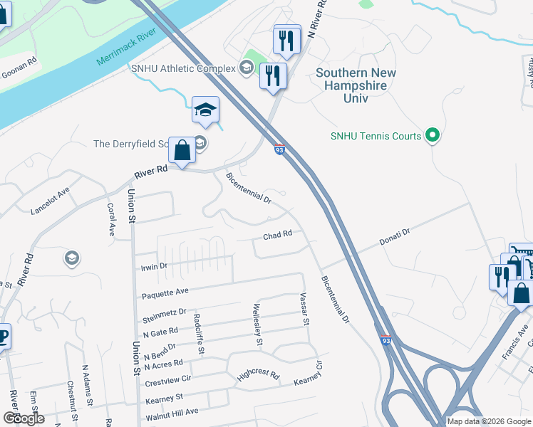 map of restaurants, bars, coffee shops, grocery stores, and more near 375 Chase Way in Manchester