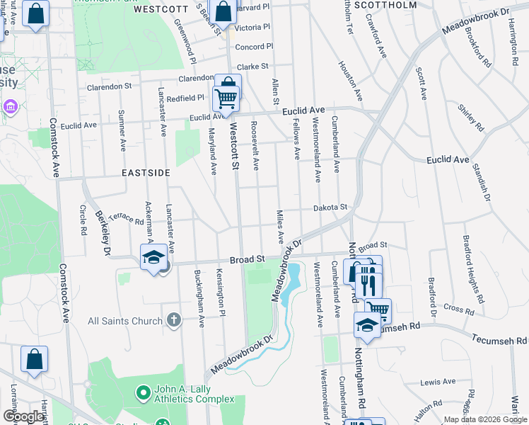 map of restaurants, bars, coffee shops, grocery stores, and more near 521 Kensington Road in Syracuse