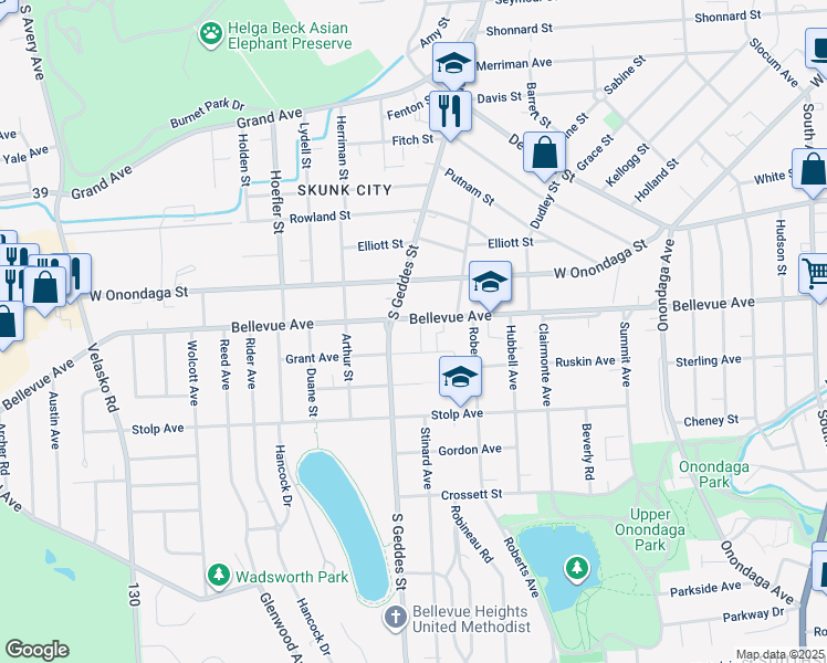 map of restaurants, bars, coffee shops, grocery stores, and more near 210 Grant Avenue in Syracuse