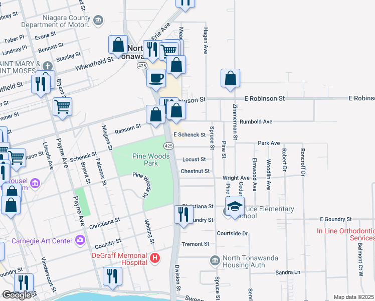 map of restaurants, bars, coffee shops, grocery stores, and more near 544 Locust Street in North Tonawanda
