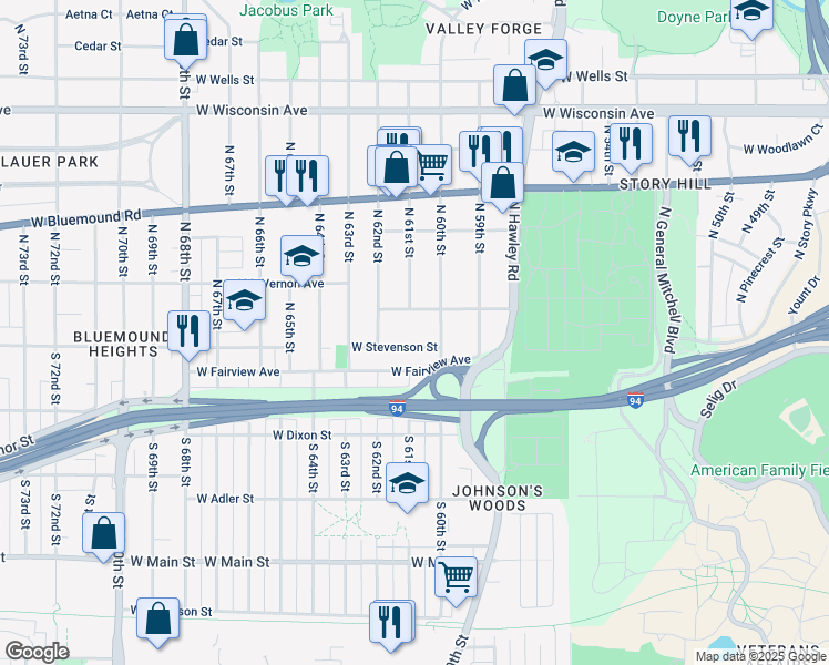 map of restaurants, bars, coffee shops, grocery stores, and more near 6035A West Stevenson Street in Milwaukee