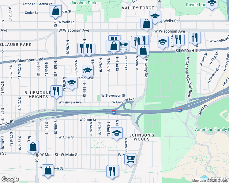 map of restaurants, bars, coffee shops, grocery stores, and more near 6035A West Stevenson Street in Milwaukee