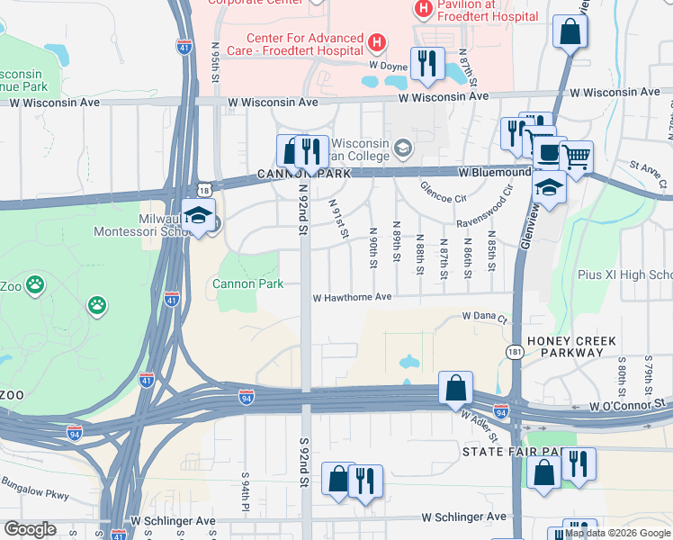 map of restaurants, bars, coffee shops, grocery stores, and more near 140 North 91st Place in Milwaukee